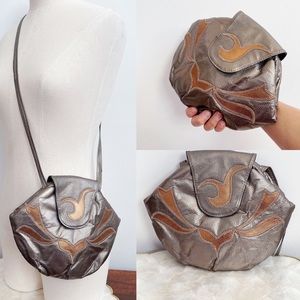 Vtg Leather Snake Print Bronze Crossbody Clutch